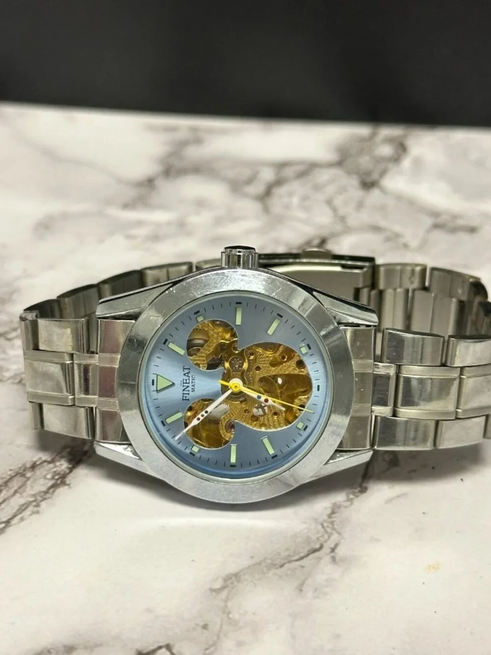 Fineatmatic Watch Men Silver Tone Skeleton Automatic Dial Mouse Ears 38MM 8.5